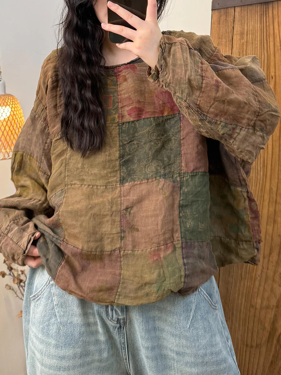 Patchwork Ramie Distressed Blouse