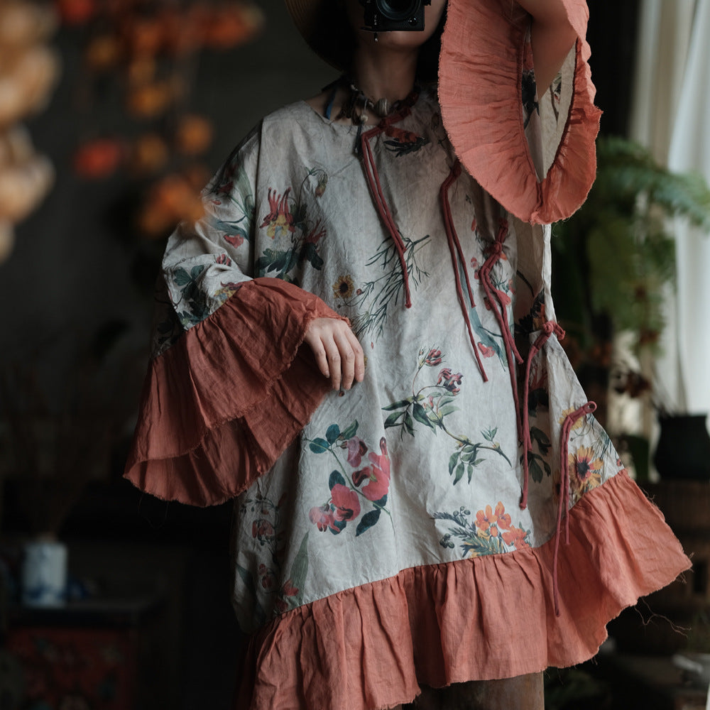 Floral Ruffle-Sleeve Blouse