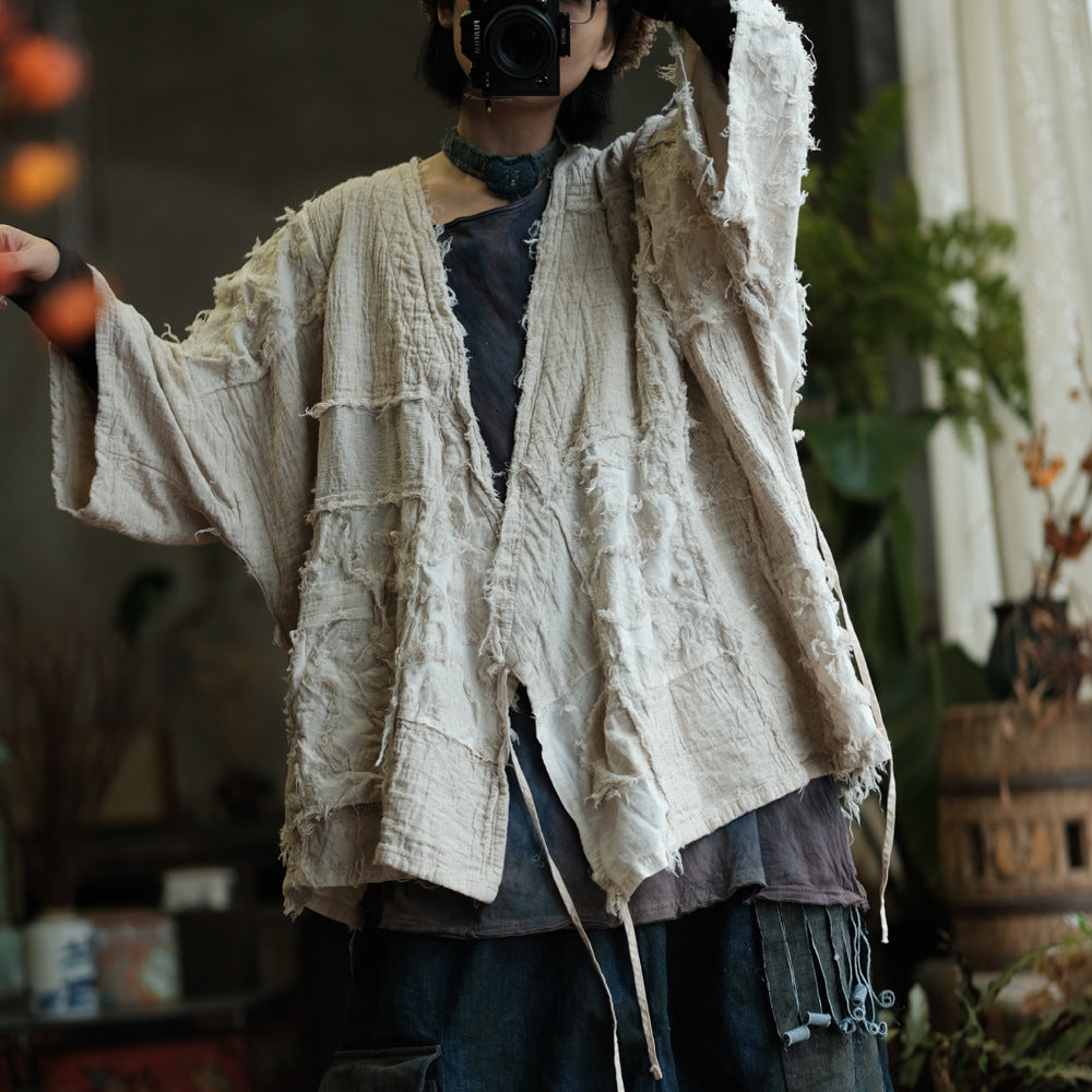 Distressed Cotton Patchwork Cardigan
