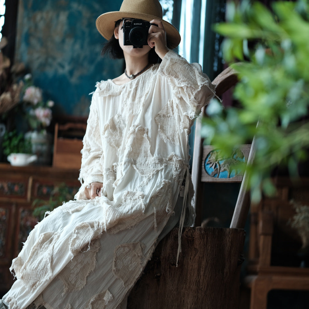 Retro Crinkled Cotton Side-Slit Tunic Dress
