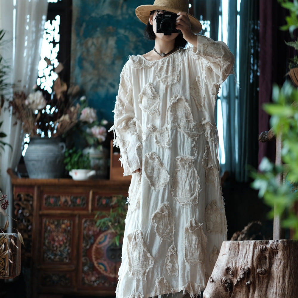 Retro Crinkled Cotton Side-Slit Tunic Dress