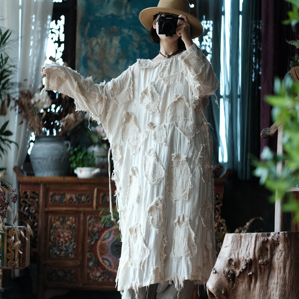Retro Crinkled Cotton Side-Slit Tunic Dress