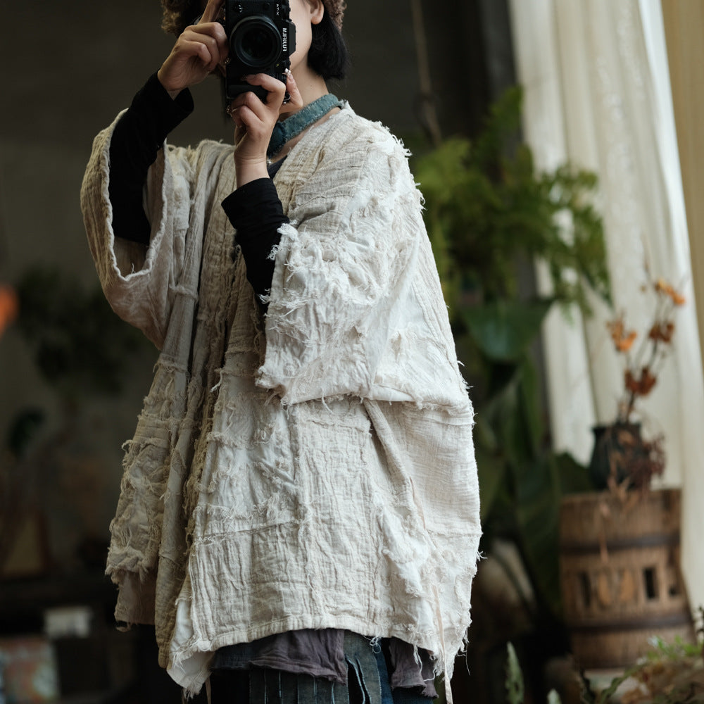 Distressed Cotton Patchwork Cardigan