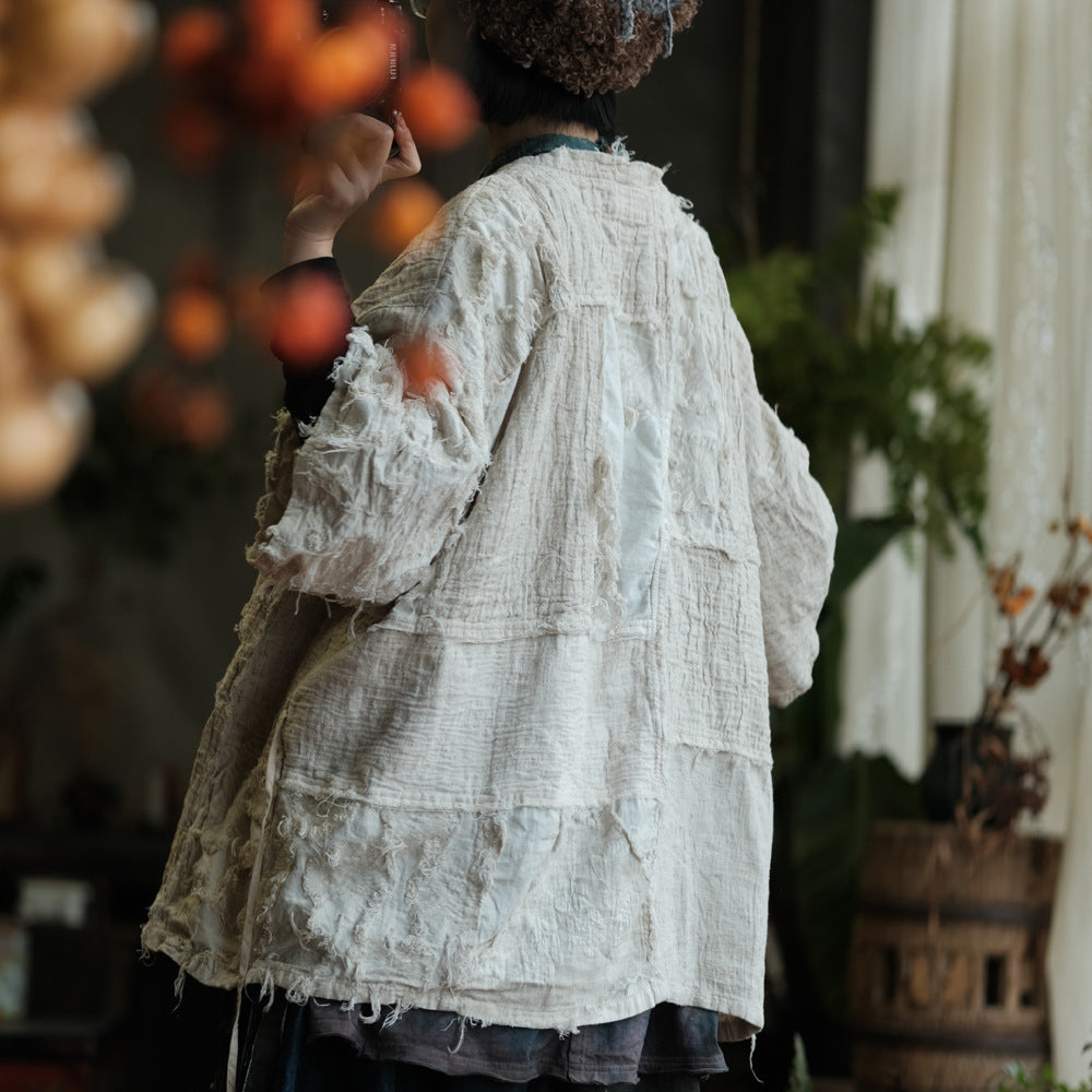 Distressed Cotton Patchwork Cardigan