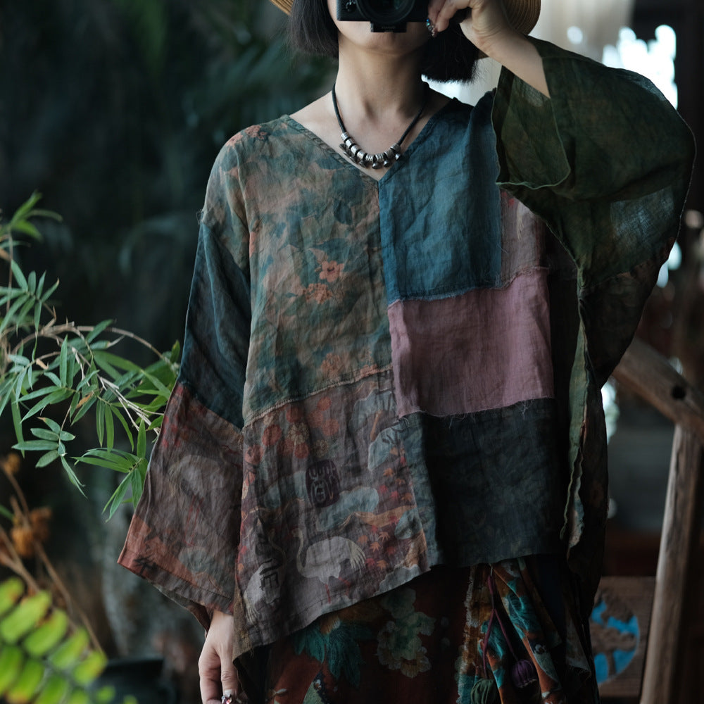 Retro Patchwork Ramie Top