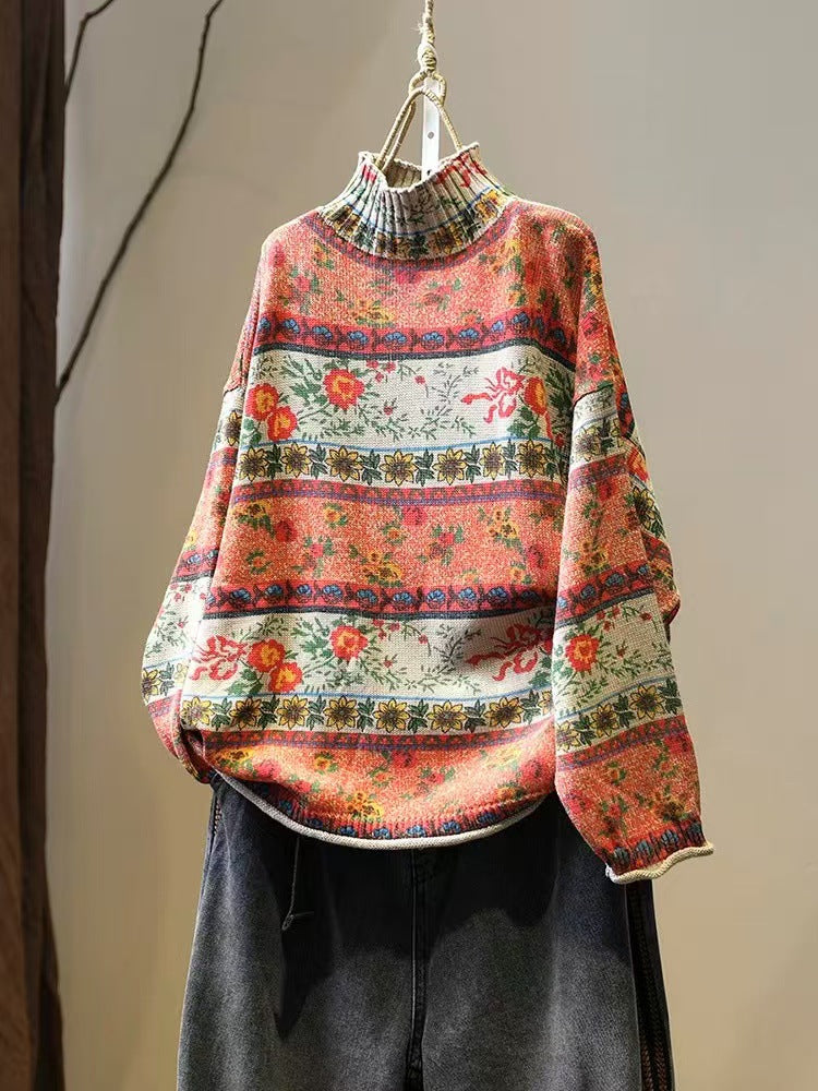 Close-up of floral pattern on cotton knit sweater