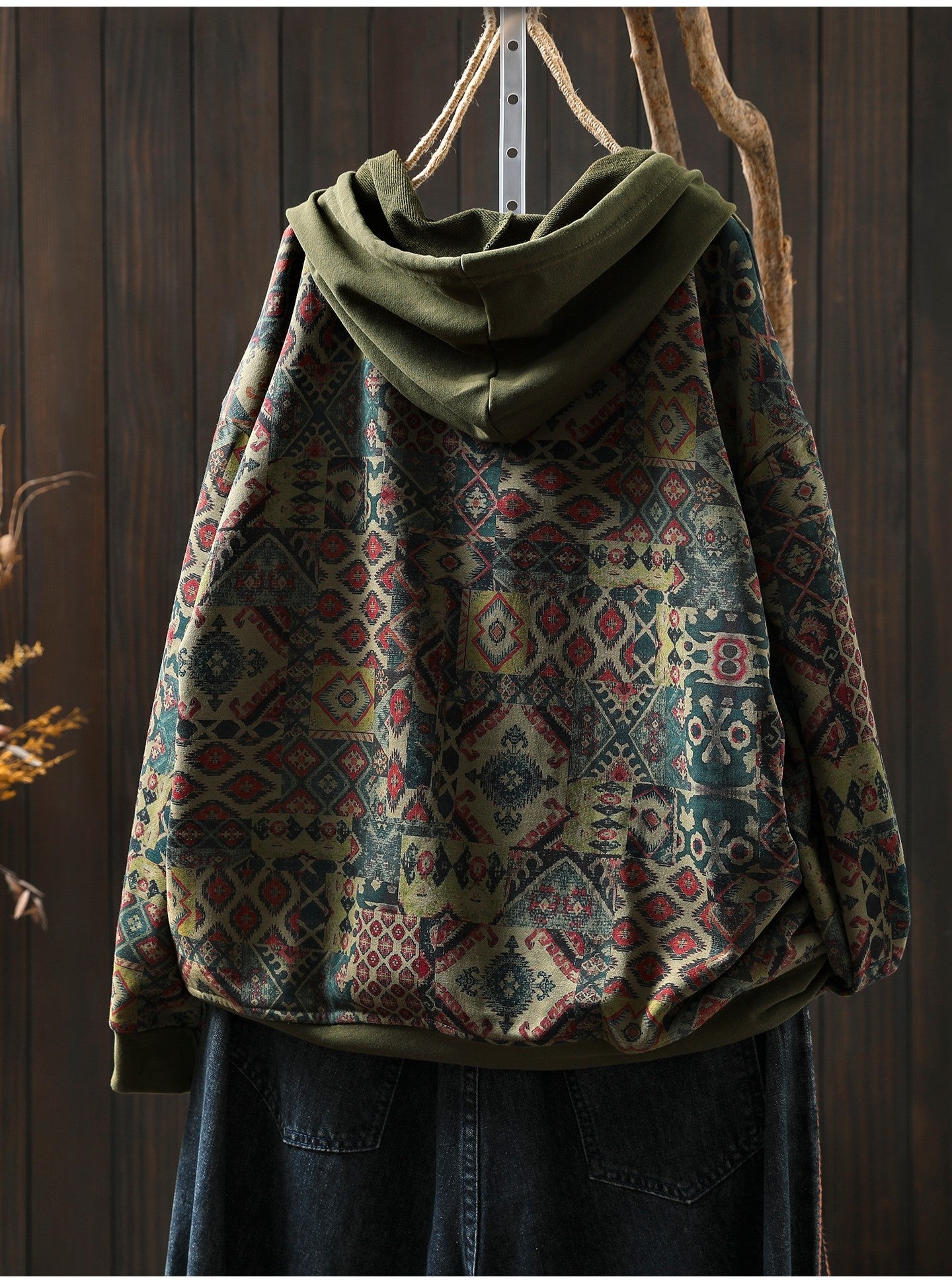 Back view of boho vintage printed pullover hoodie