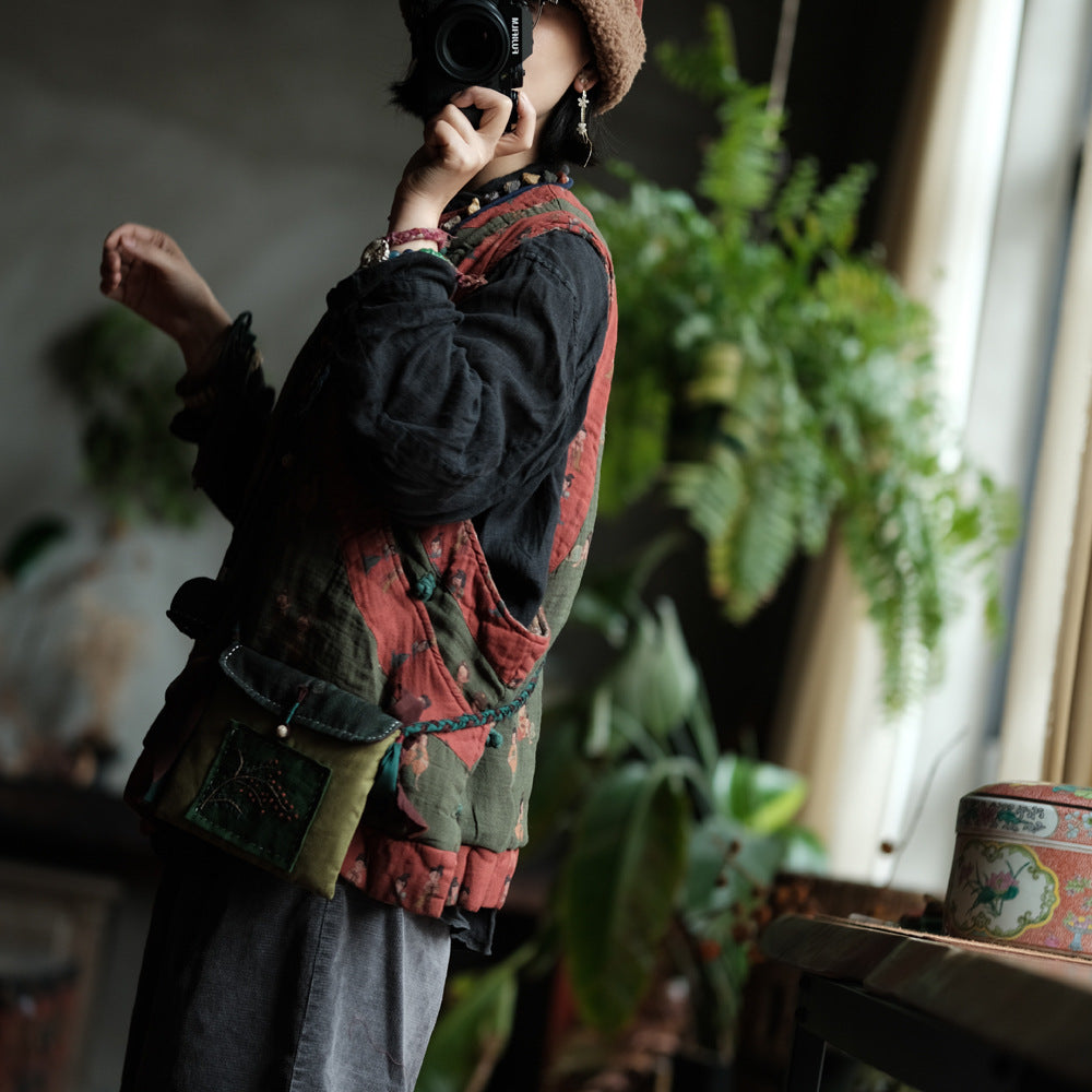 Close-up detail of boho whimsical quilted vest stitching