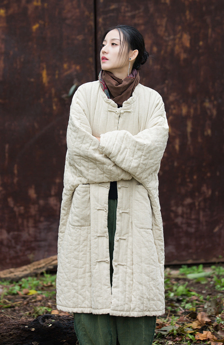 white lifestyle image of natural ramie quilted coat