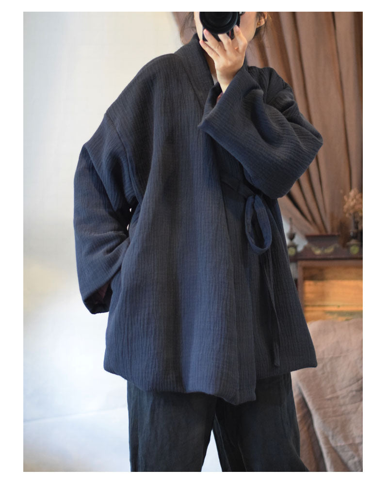 tie-front closure on quilted kimono jacket