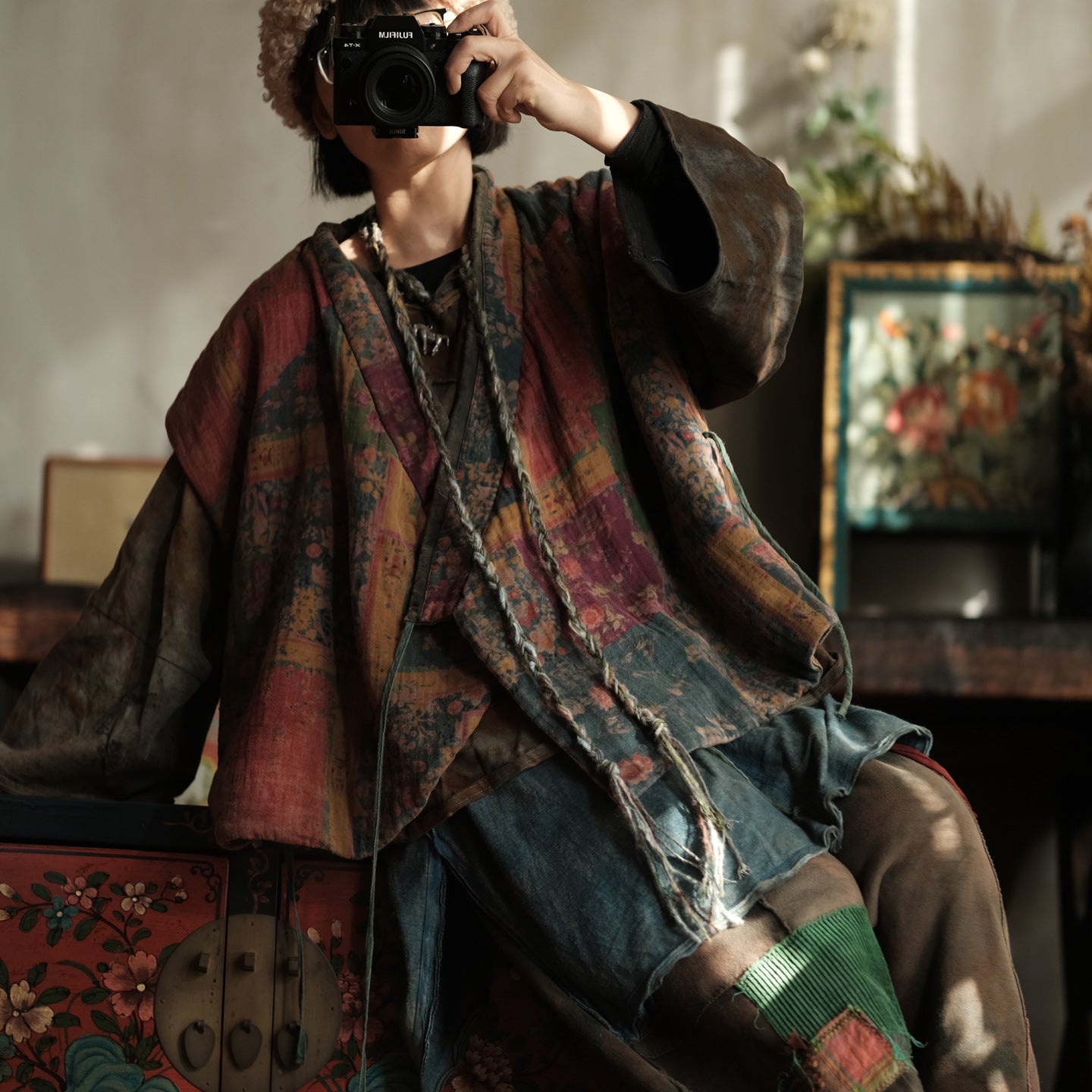 Close-up of cotton floral quilted fabric texture