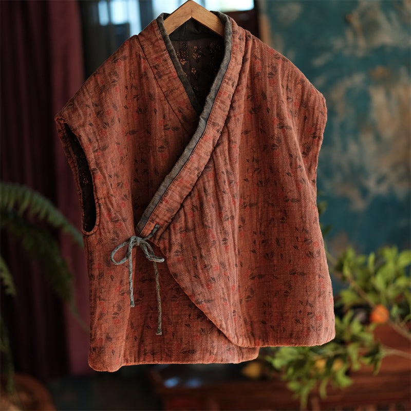 Quilted stitching detail of floral cotton padded vest