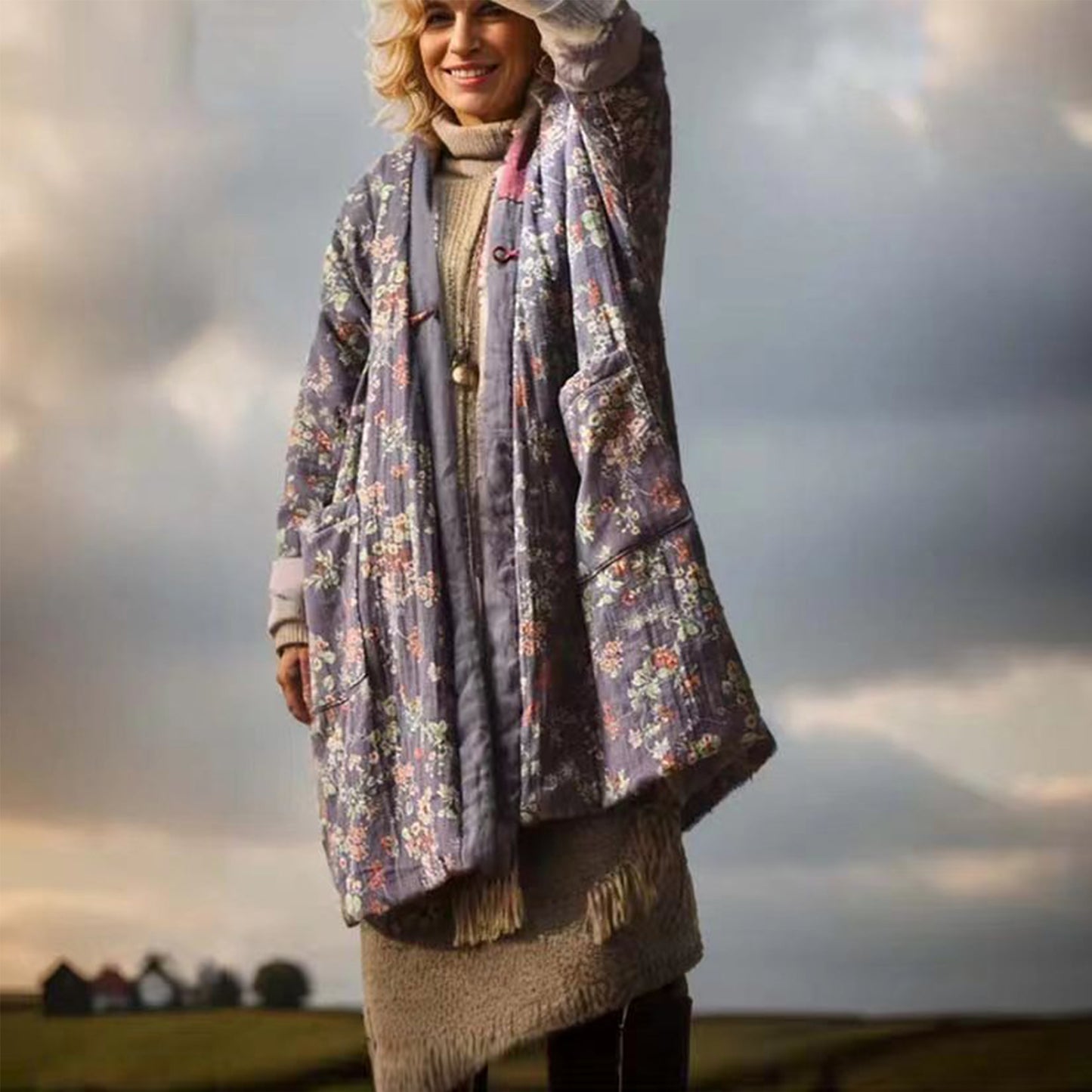Front view of vintage floral padded coat quilted winter jacket