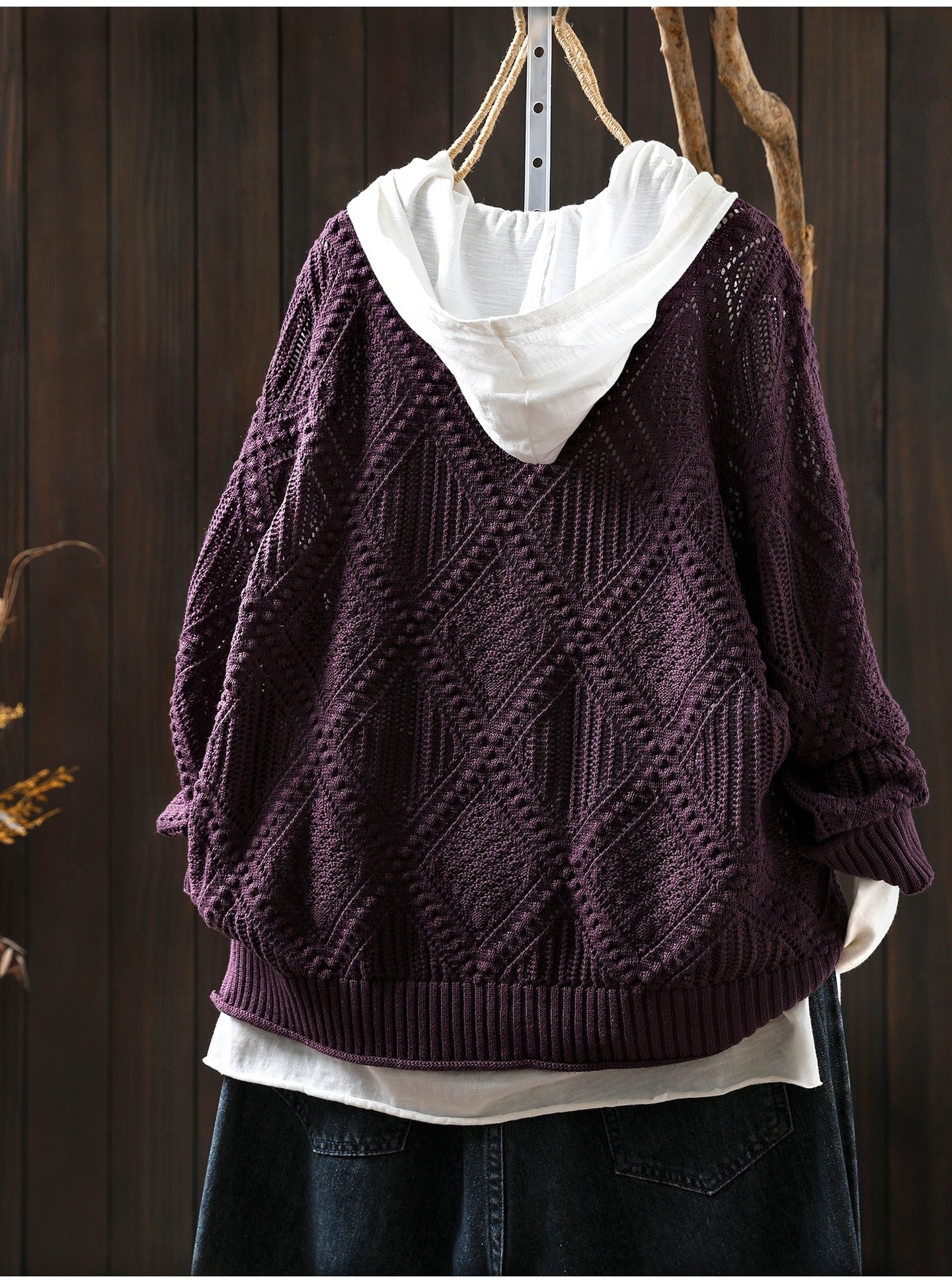 Spring open-knit sweater with colorful buttons back view