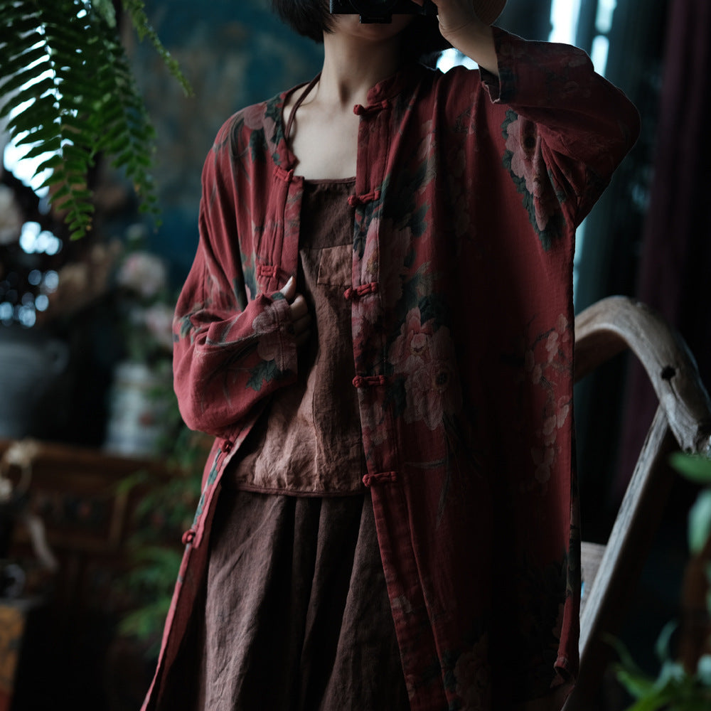 Styled Look Vintage-Inspired Red Floral Cotton Jacket