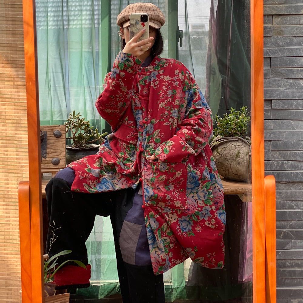 Styled outfit featuring Red Floral Quilted Jacket, perfect for casual or dressy looks