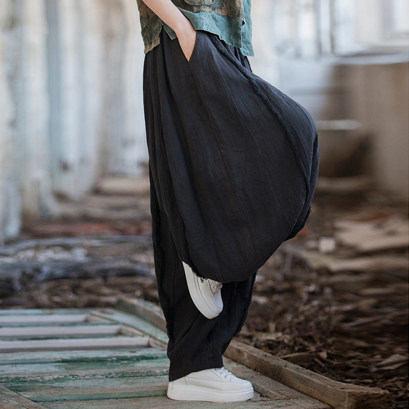 retro distressed cotton-linen casual trousers