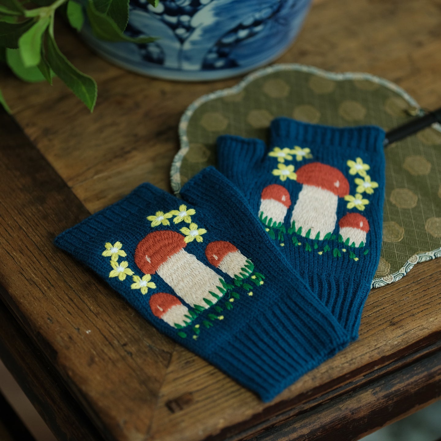 Close-up of embroidered knit winter gloves