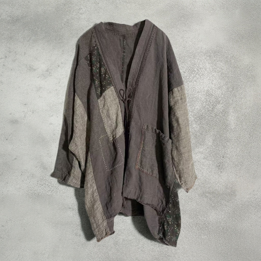 retro linen patchwork cardigan with boho style