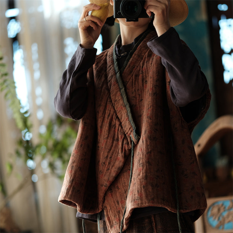 Retro outfit with floral cotton padded vest layered over shirt