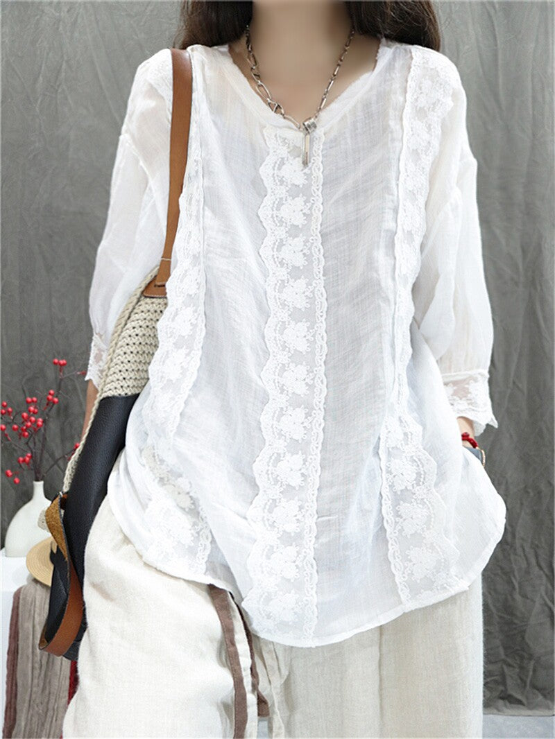 wearing white ramie lace trim blouse styled casually