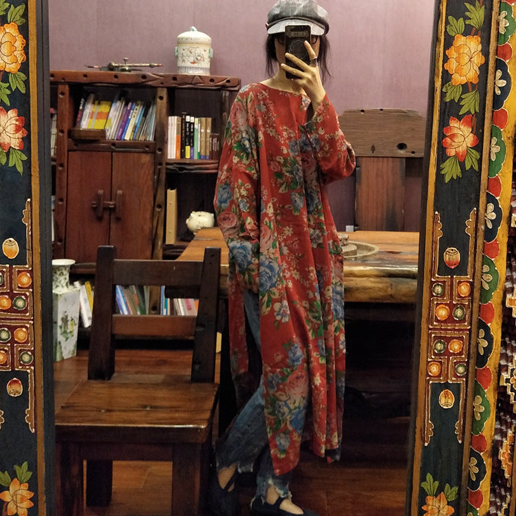 Red Floral Side-Slit Tunic Dress