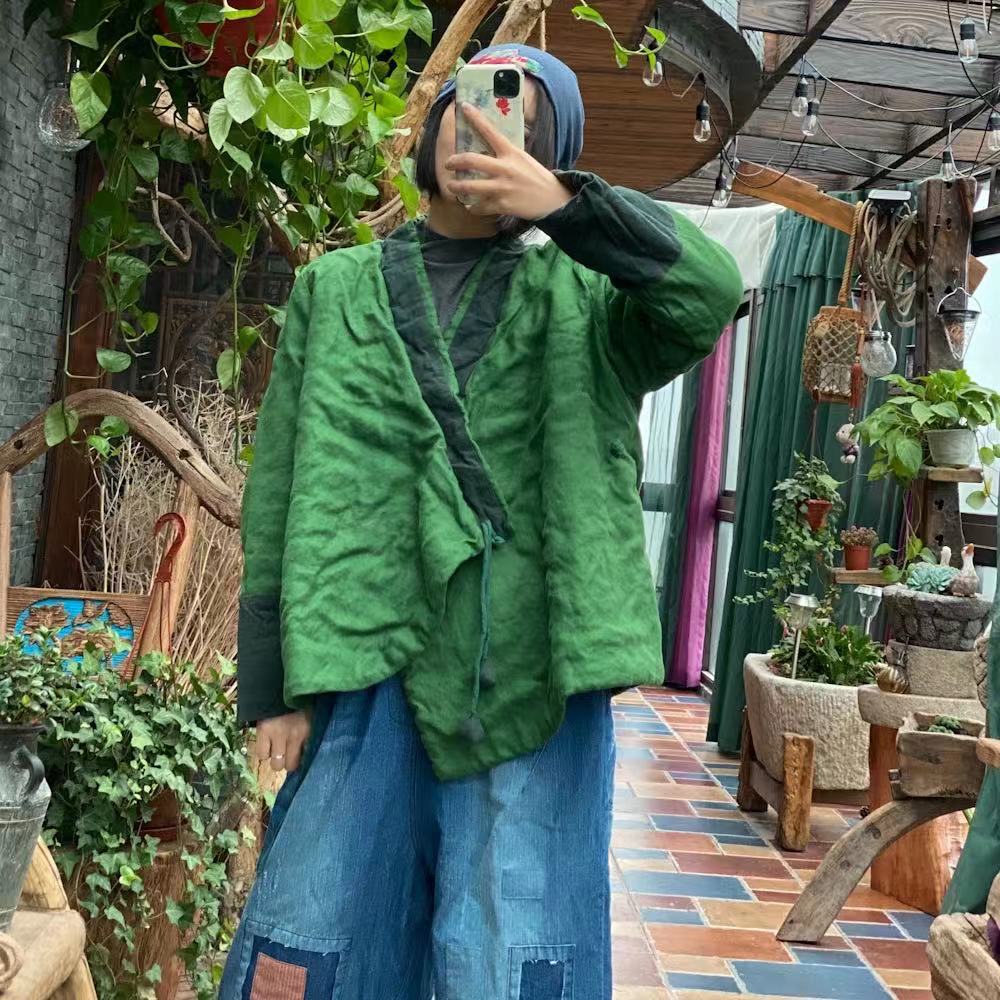 Green Linen Tied Quilted Jacket