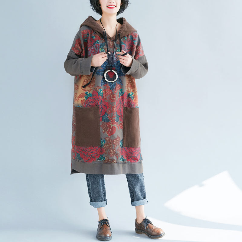 Vintage Print Hooded Sweatshirt Dress