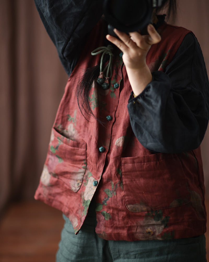 Red Floral Linen Vest