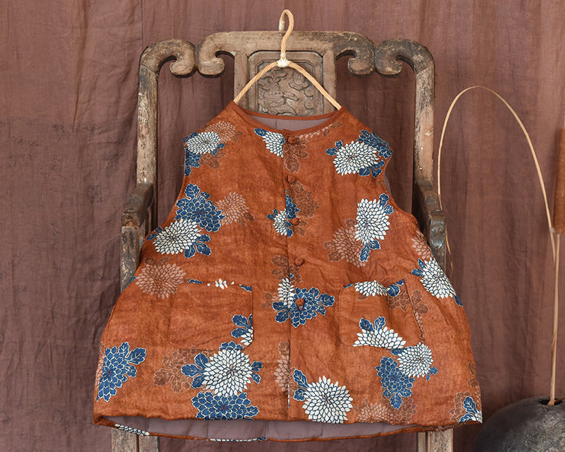 Orange Printed Linen Padded Vest