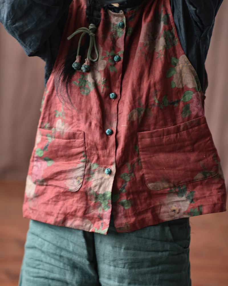 Red Floral Linen Vest