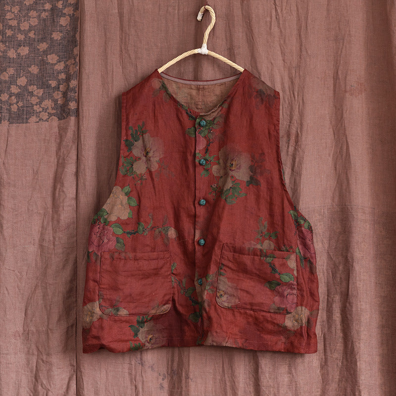 Red Floral Linen Vest