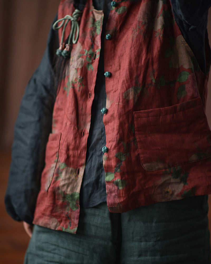 Red Floral Linen Vest