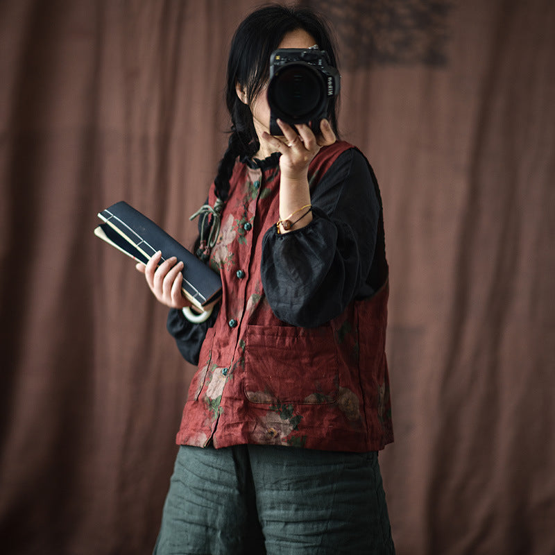 Red Floral Linen Vest