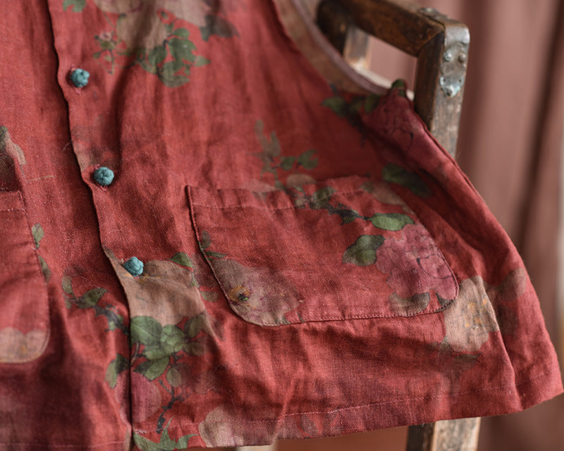 Red Floral Linen Vest