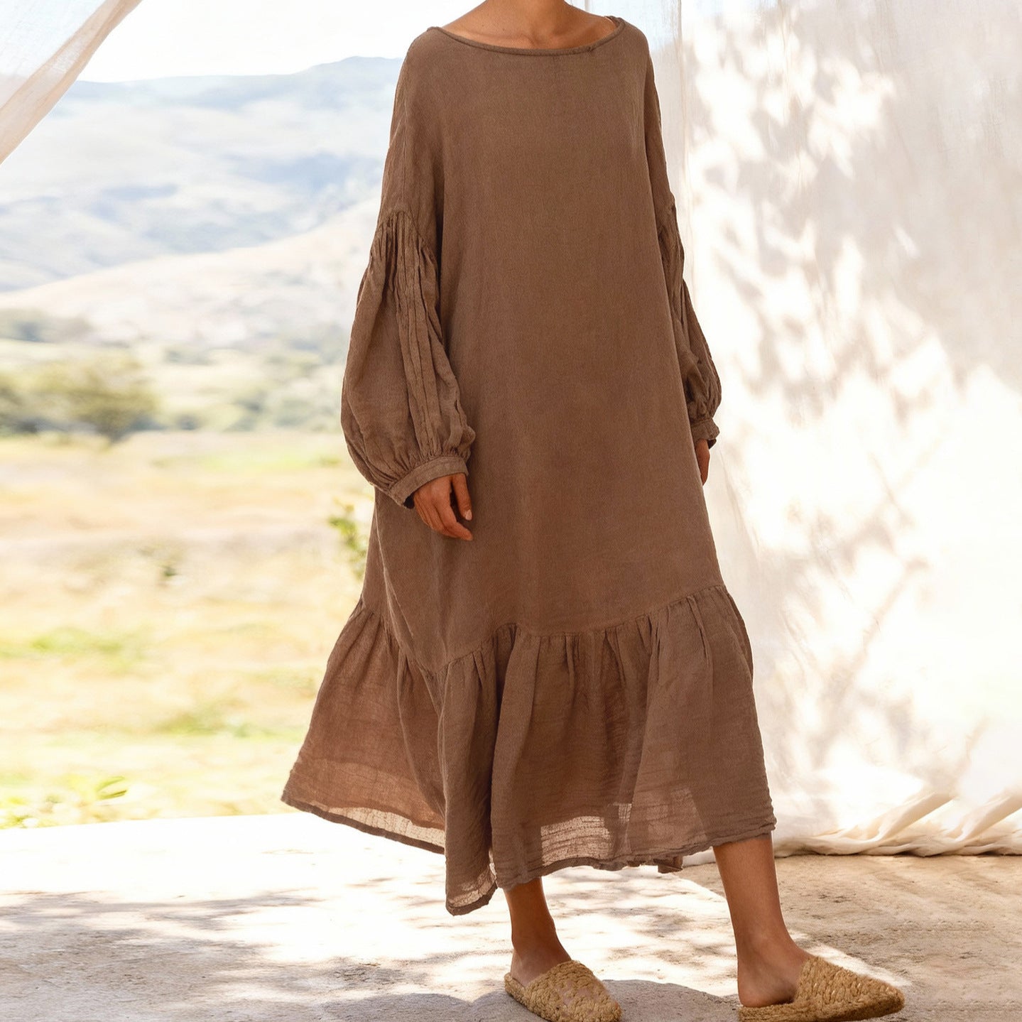 Boho-chic khaki lantern sleeve dress styled for brunch