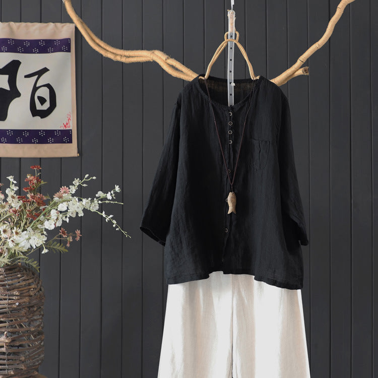 Natural 100% linen shirt paired with casual bottoms