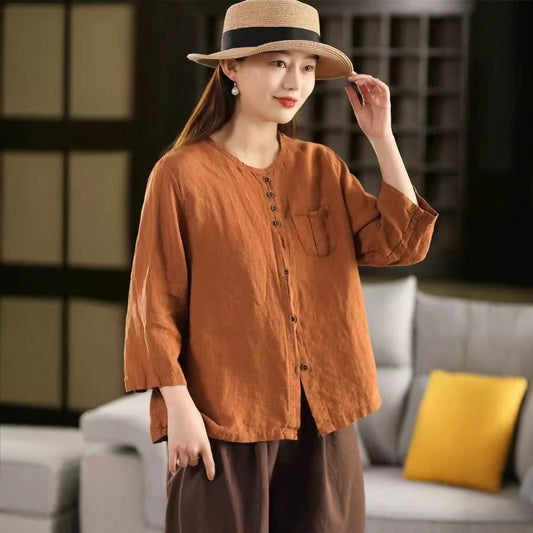 Women’s 100% linen shirt styled for casual wear