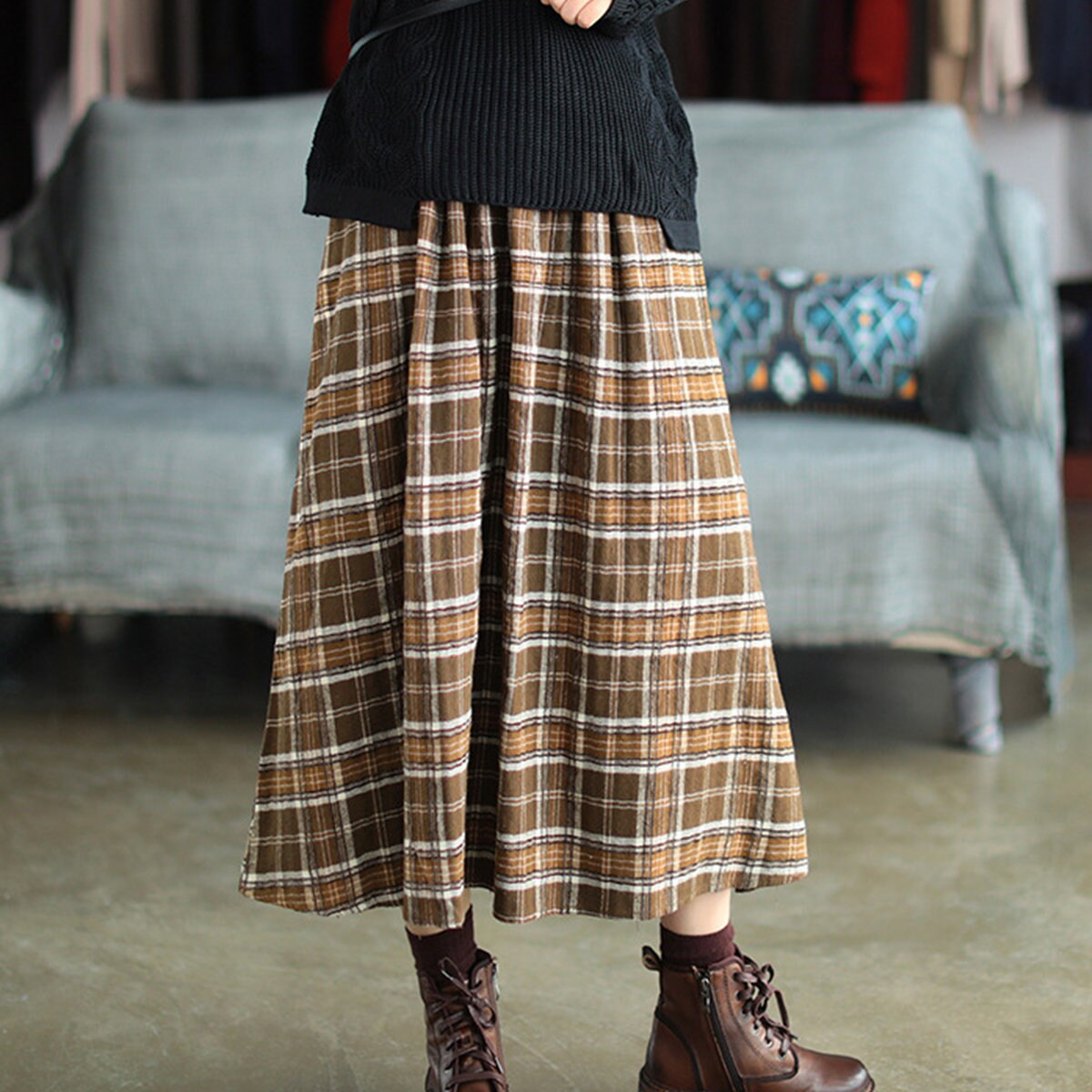 Retro Plaid Skirt with Pockets