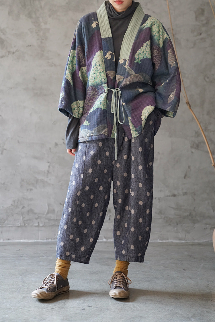 Bohemian Floral Quilted Kimono Jacket with Tie Front – Soft Cotton Padded Coat