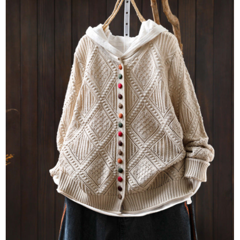 Spring open-knit sweater with colorful buttons 