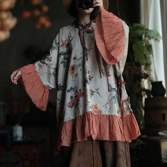 Floral Ruffle-Sleeve Blouse