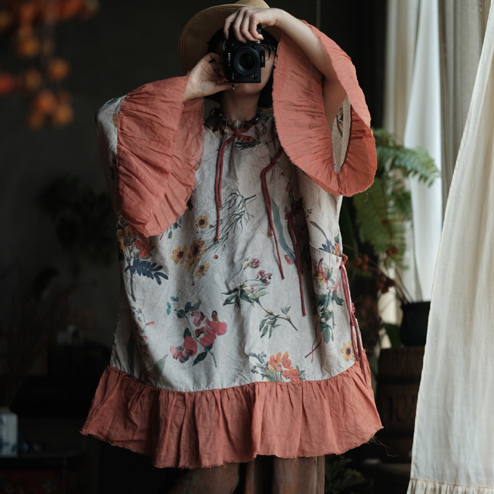 Floral Ruffle-Sleeve Blouse