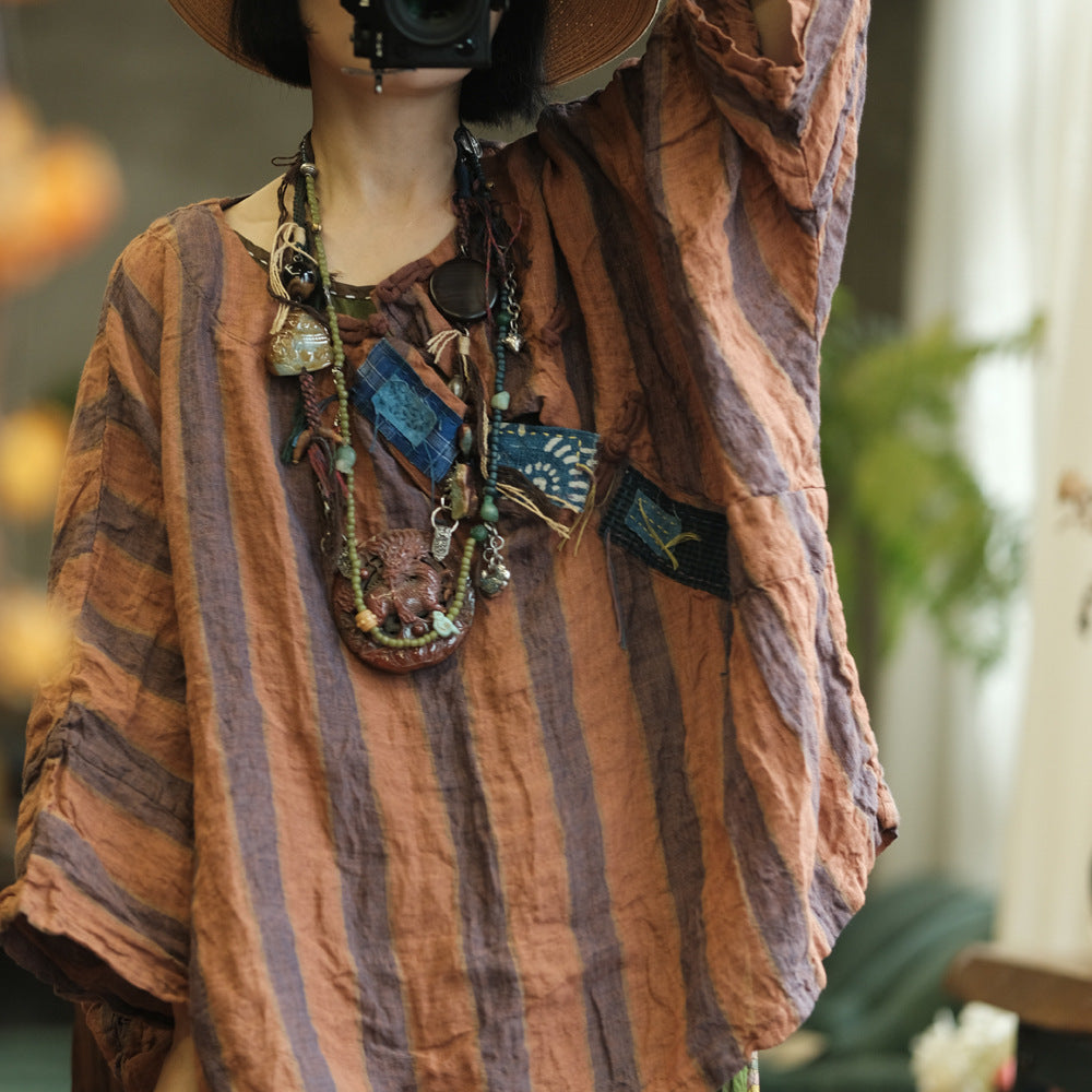 Yarn-Dyed Linen Blouse with Patch Details