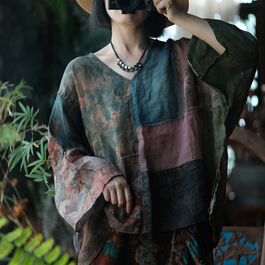 Retro Patchwork Ramie Top
