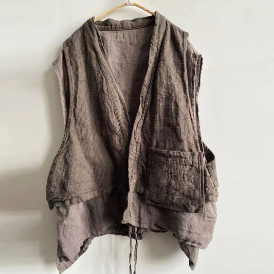 Linen Front-Tie Double-Layer Vest