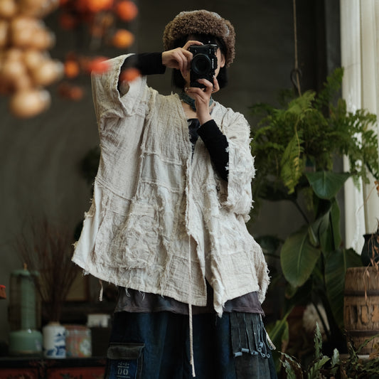 Distressed Cotton Patchwork Cardigan