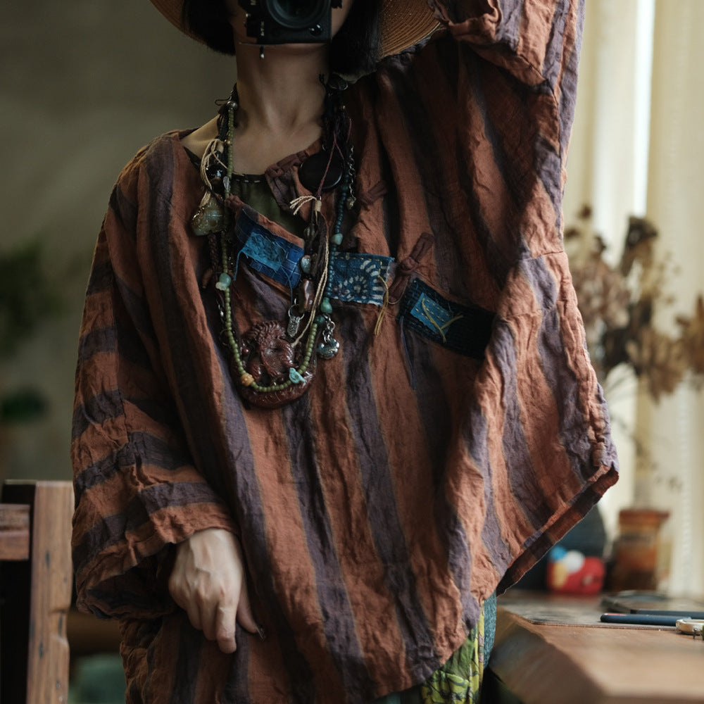 Yarn-Dyed Linen Blouse with Patch Details