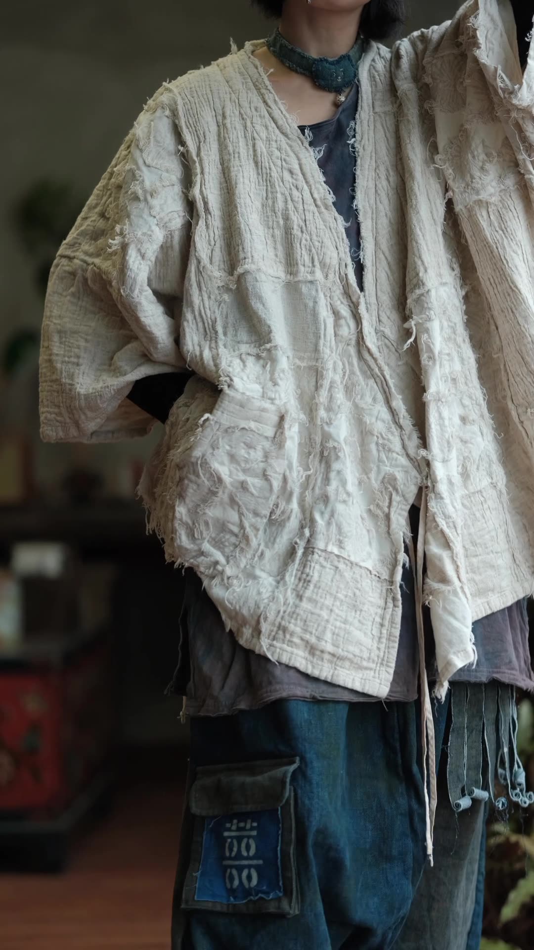 Distressed Cotton Patchwork Cardigan