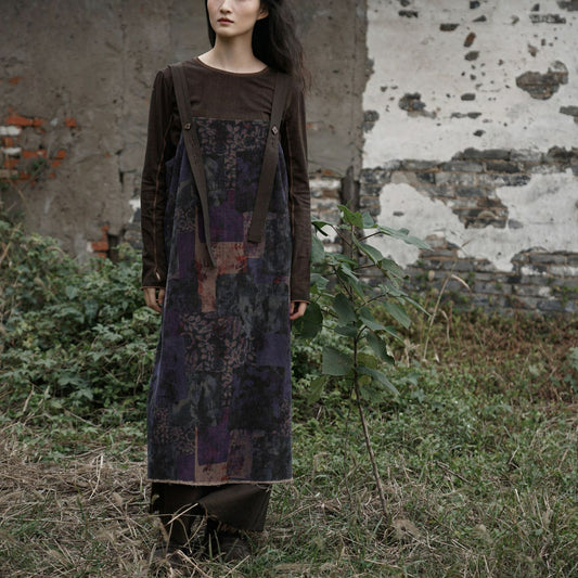 Vintage Printed Patchwork Corduroy Pinafore Dress